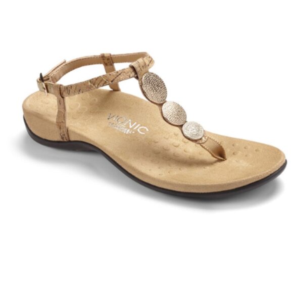 Vionic Lizbeth Women's T-strap  sling-  back Orthotic Sandal Gold Cork - Picture 1 of 4